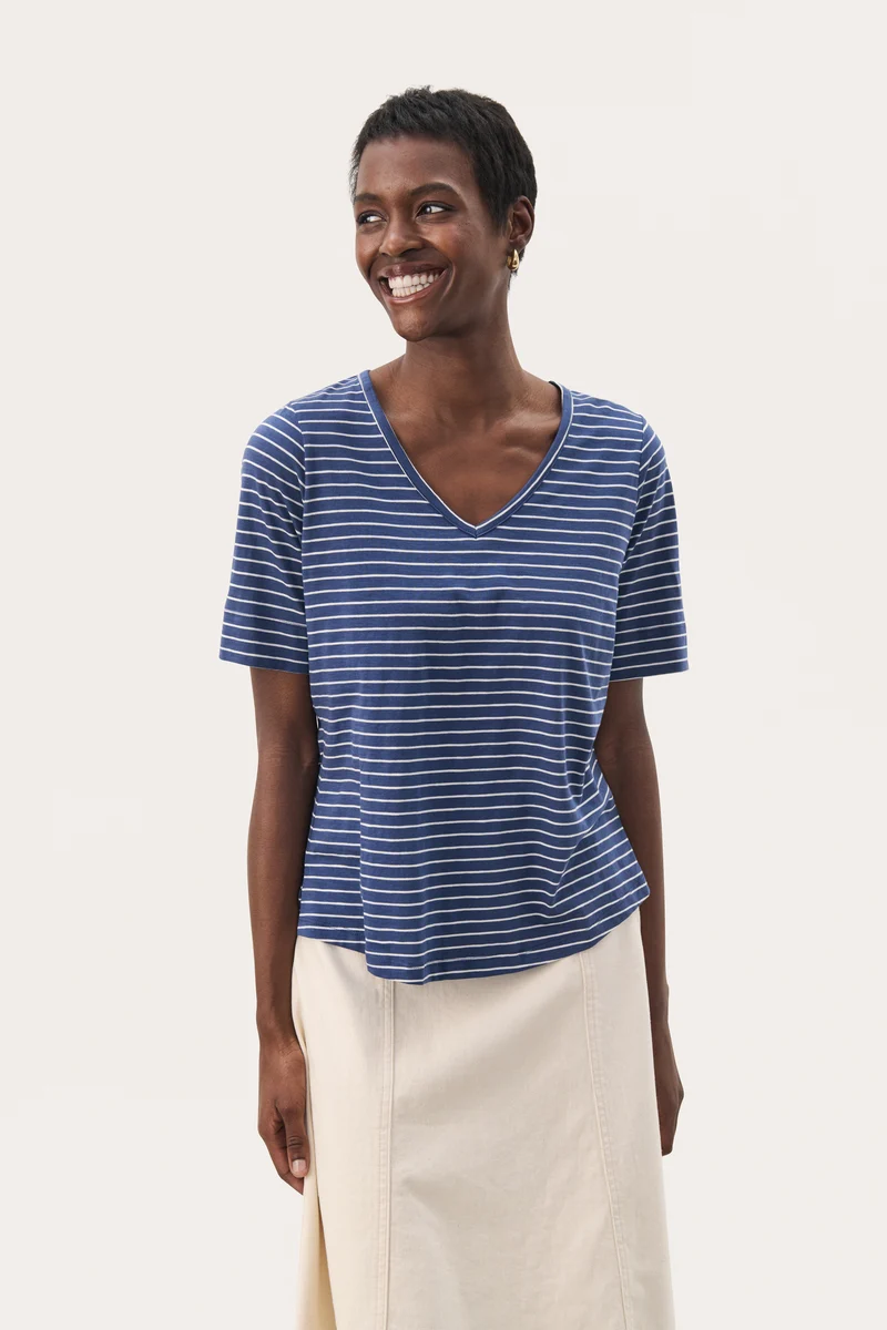 T-shirt rayé en coton avec col V Curlia