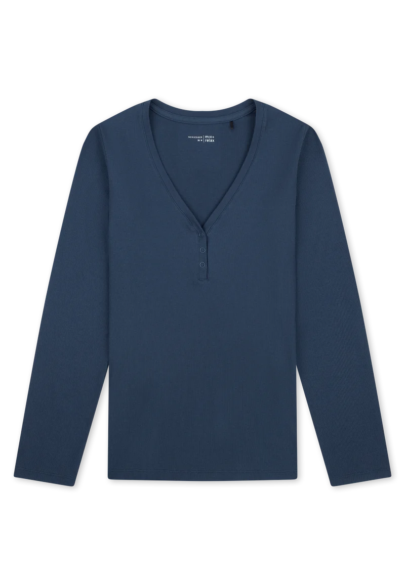 Shirt Doppelripp V-Ausschnitt mit Knopfleiste Blau - Mix+Relax