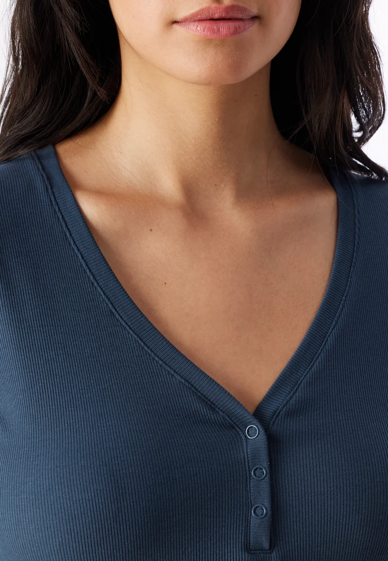 Shirt Doppelripp V-Ausschnitt mit Knopfleiste Blau - Mix+Relax