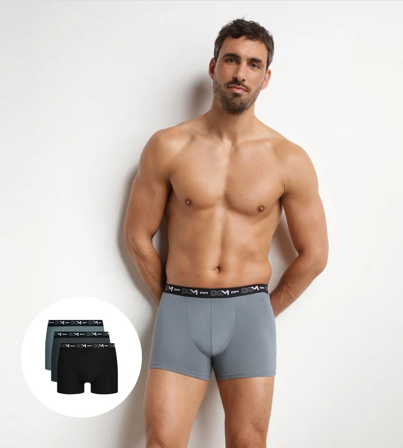 Lot de 3 boxers homme Noir Gris ceinture contrastée Dim Coton Stretch