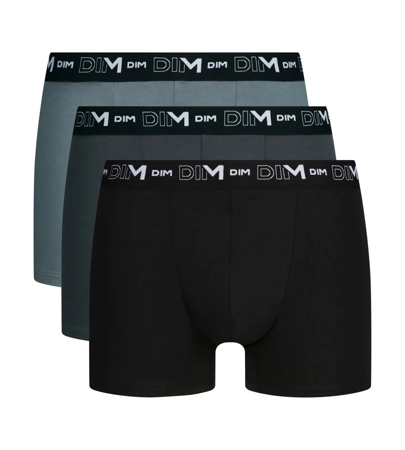 Lot de 3 boxers homme Noir Gris ceinture contrastée Dim Coton Stretch