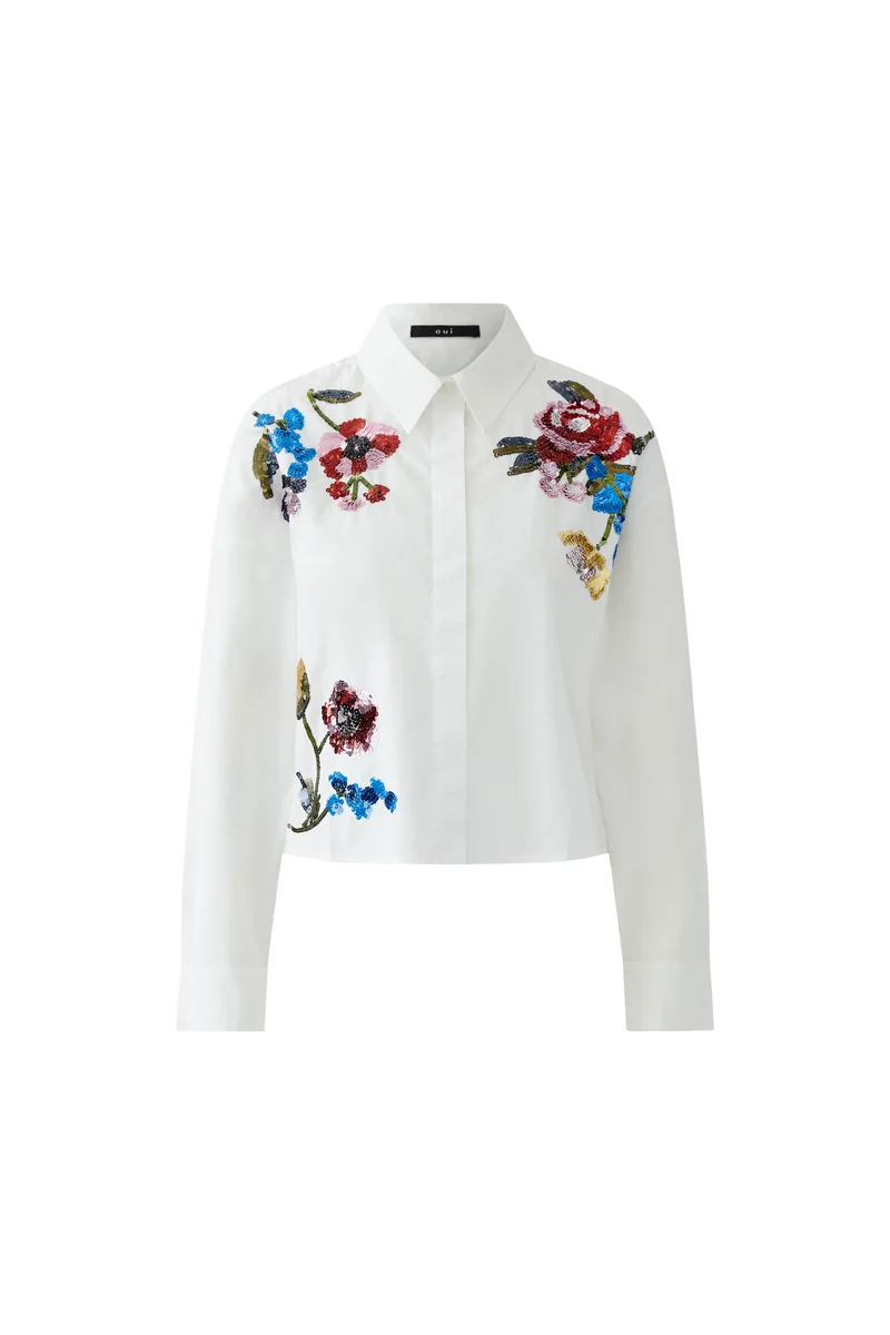 Blouse droite brodée à motifs floraux et sequins