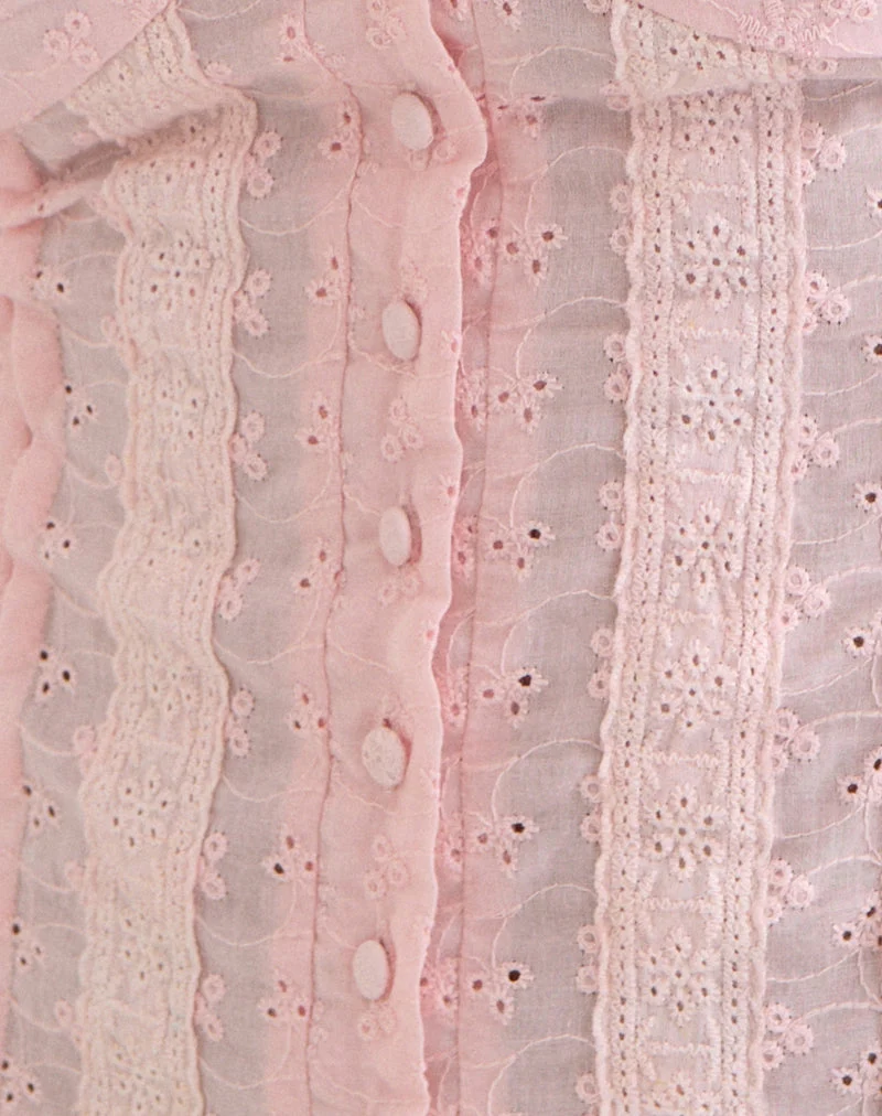 Haut boutonné Shiku, couleur rose broderie