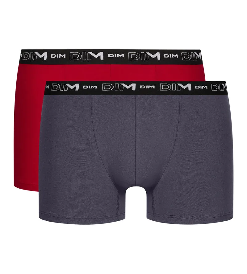 Lot de 2 Boxers homme Gris Rouge ceinture contrastée Dim Coton Stretch