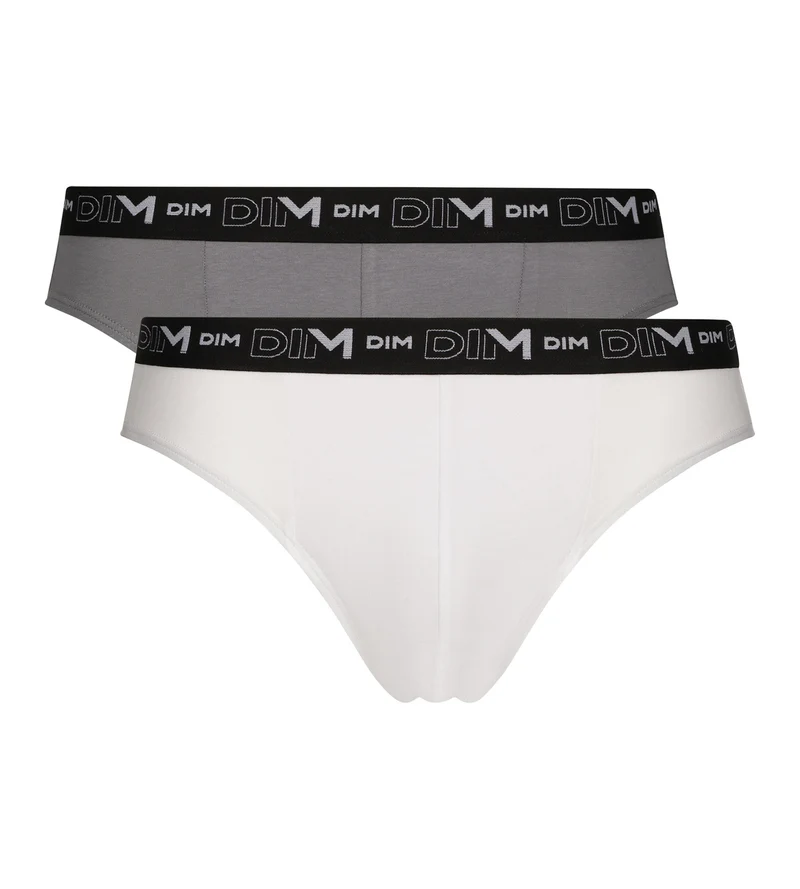 Lot de 2 slips homme Blanc Gris ceinture contrastée Dim Coton Stretch