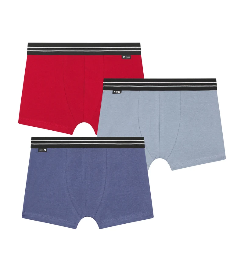 Lot de 3 boxers garçon en coton stretch Rouge Carmin Bleu Ecodim