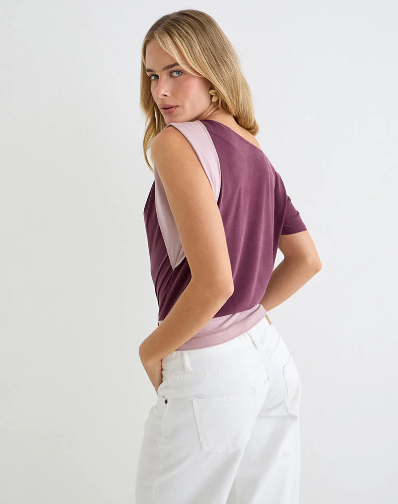 Haut à une épaule Sobiya en cupro, violet foncé et rose poudré