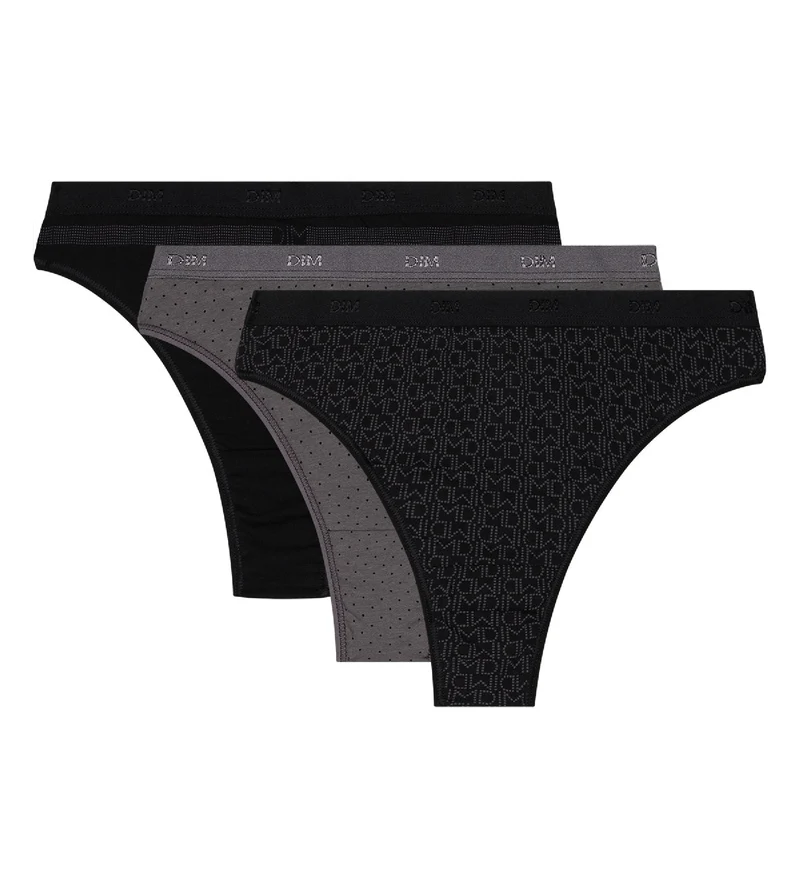 Lot de 3 strings noirs et gris Les Pockets Coton Stretch