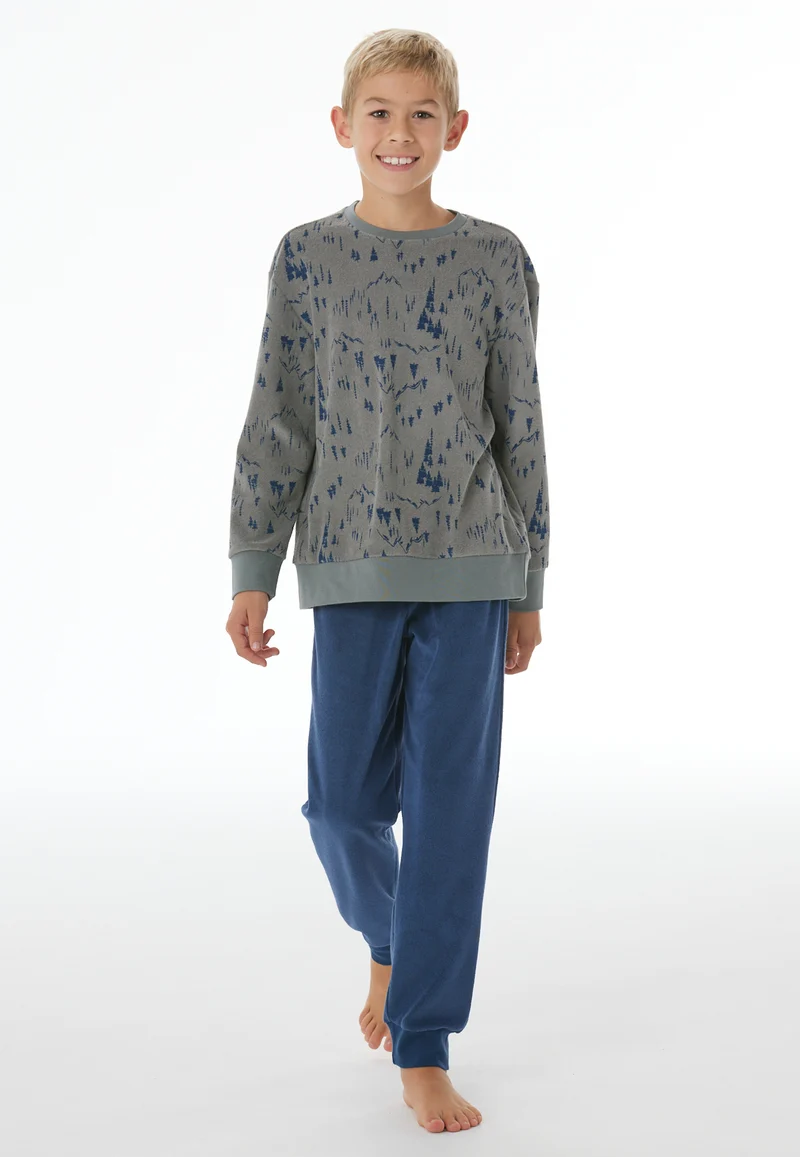 Schlafanzug mit Bündchen Blau/Oliv gemustert - Nightwear