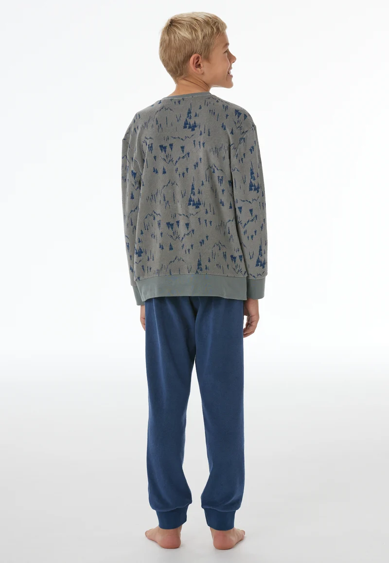 Schlafanzug mit Bündchen Blau/Oliv gemustert - Nightwear