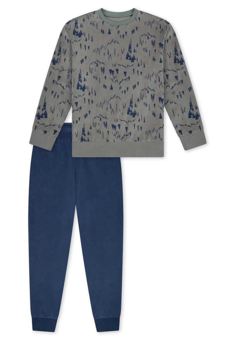 Schlafanzug mit Bündchen Blau/Oliv gemustert - Nightwear