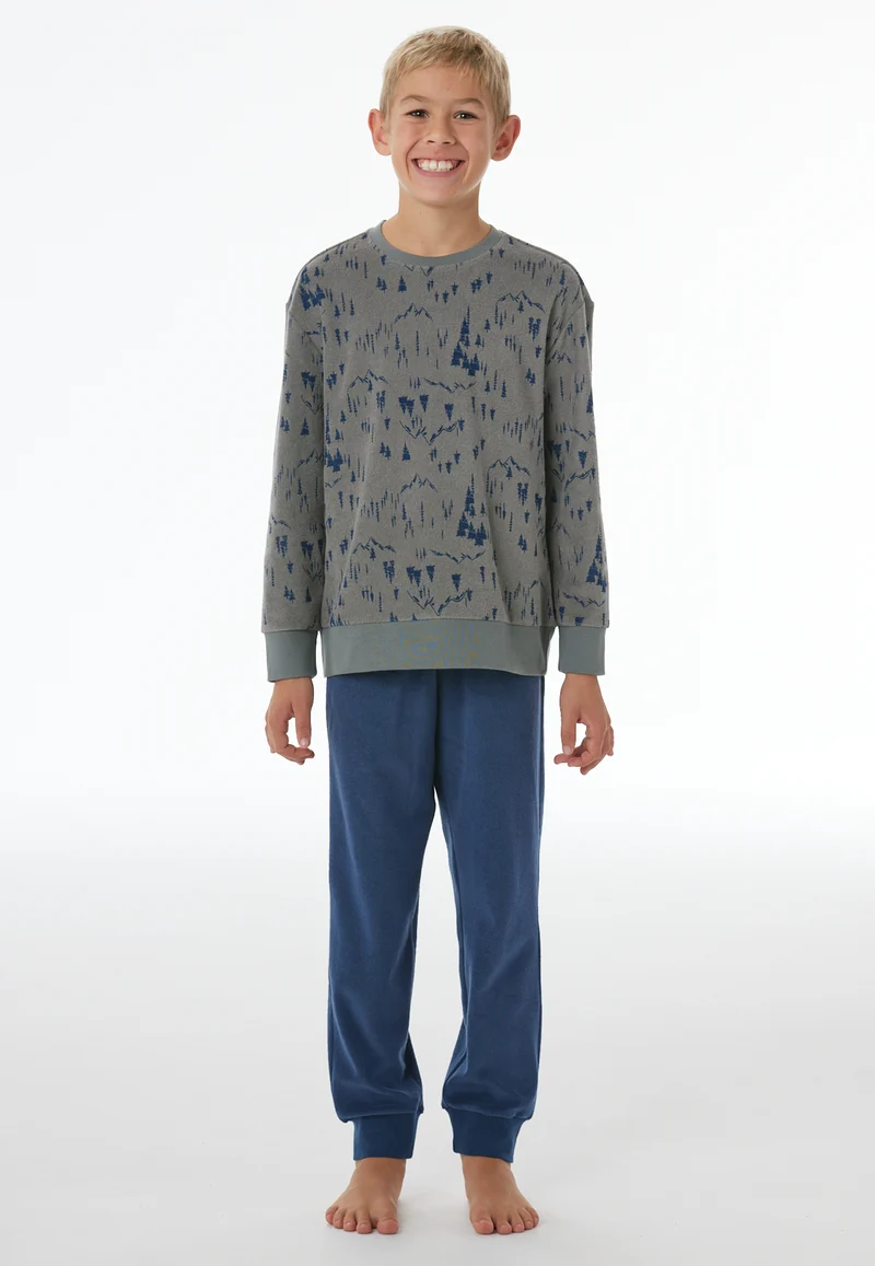 Schlafanzug mit Bündchen Blau/Oliv gemustert - Nightwear