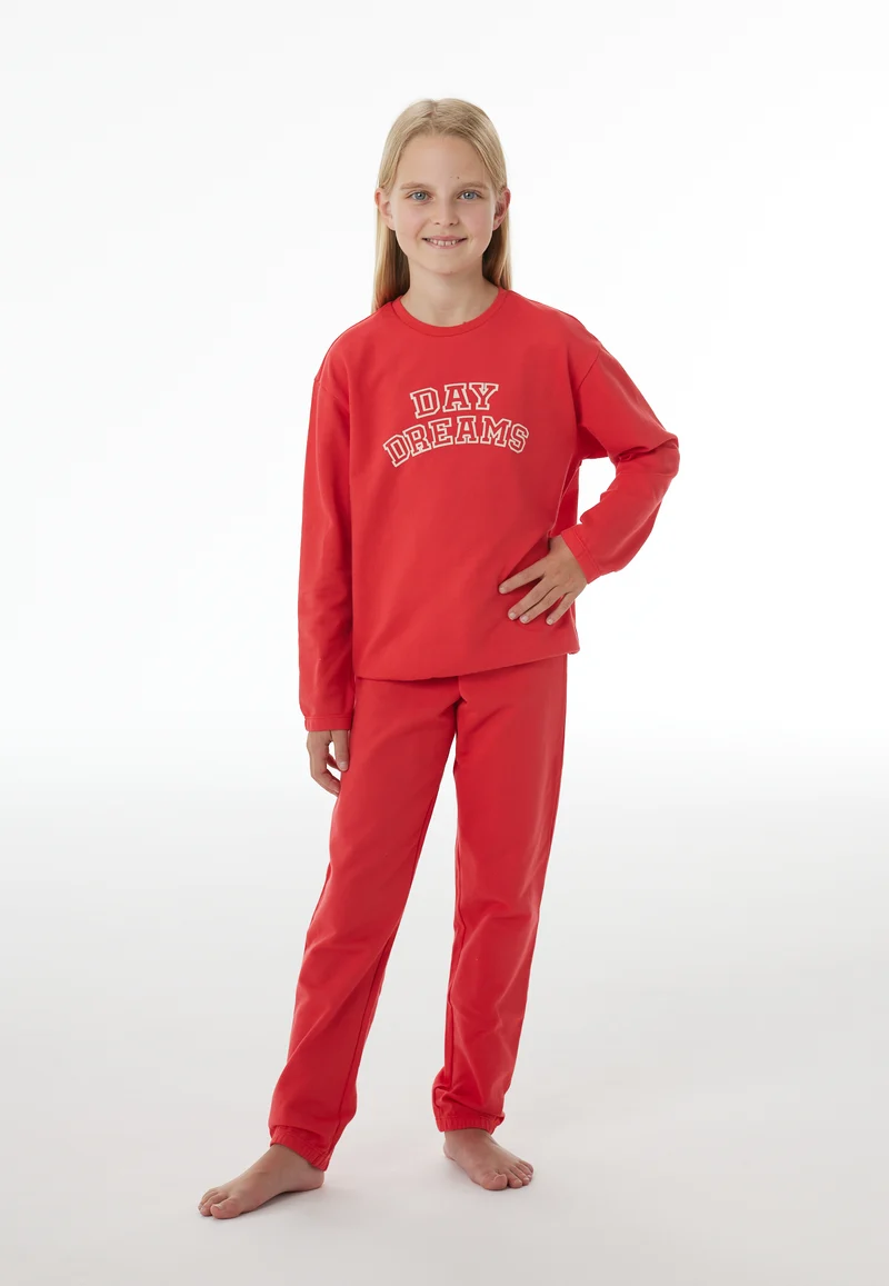 Schlafanzug lang mit Bündchen Rot - Nightwear