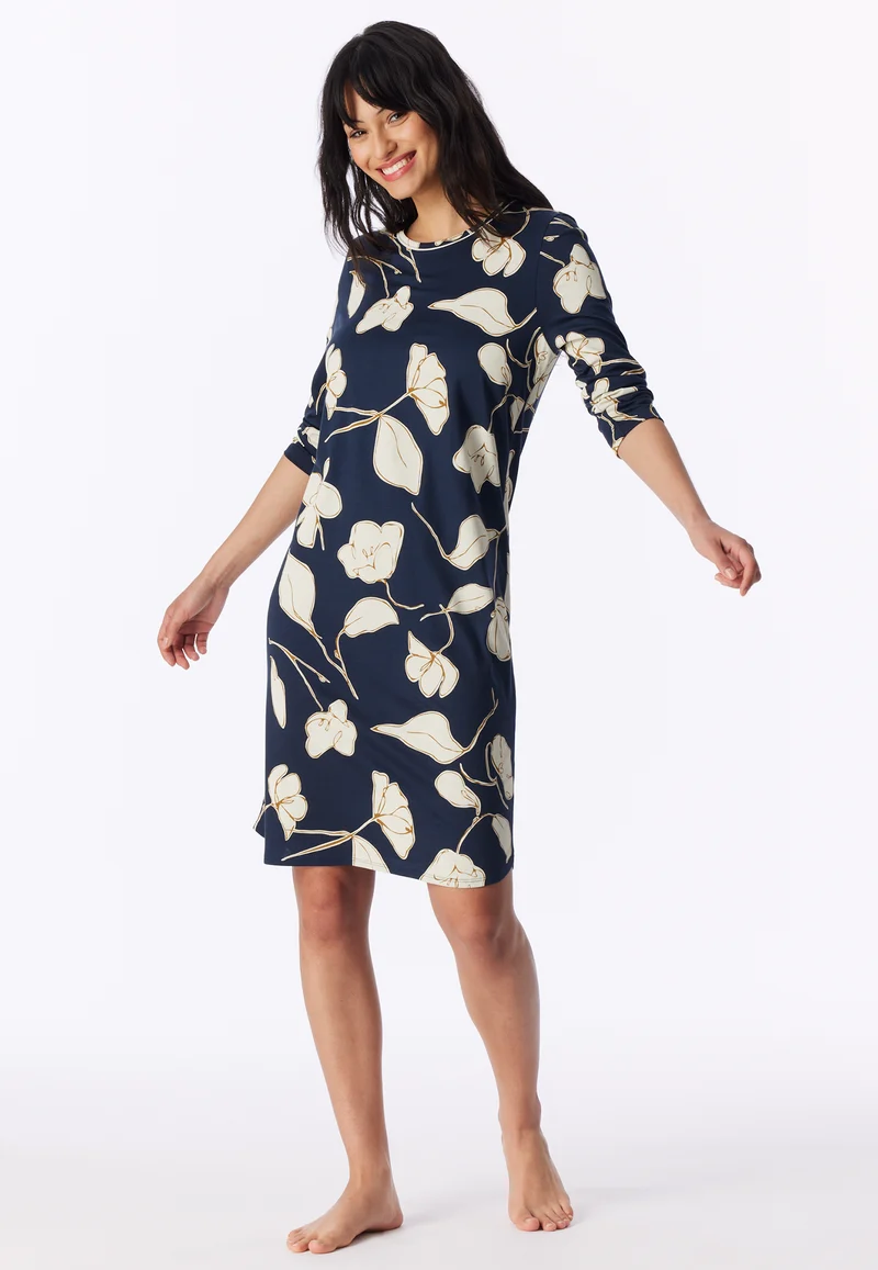 Nachthemd langarm Dunkelblau/Weiss gemustert - Comfort Nightwear