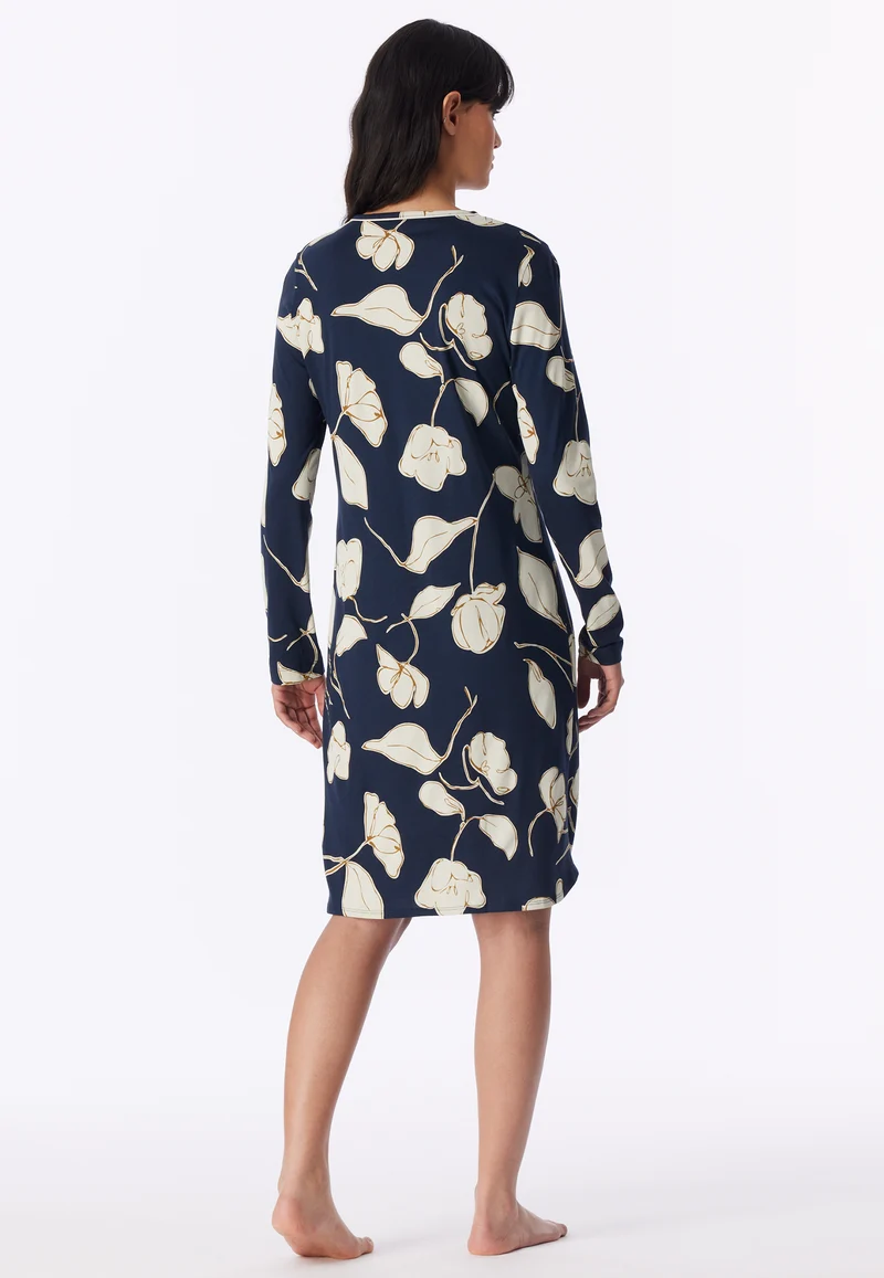 Nachthemd langarm Dunkelblau/Weiss gemustert - Comfort Nightwear