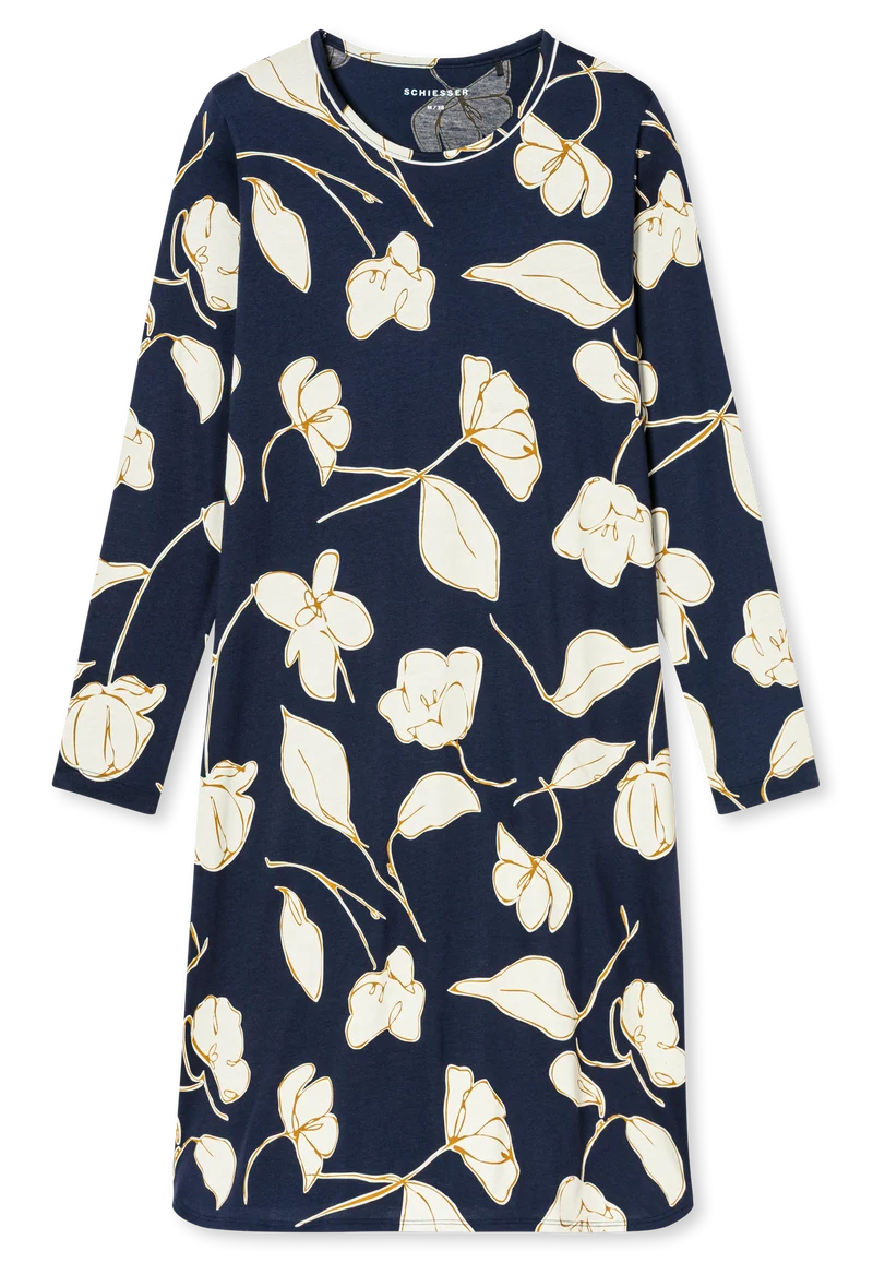 Nachthemd langarm Dunkelblau/Weiss gemustert - Comfort Nightwear