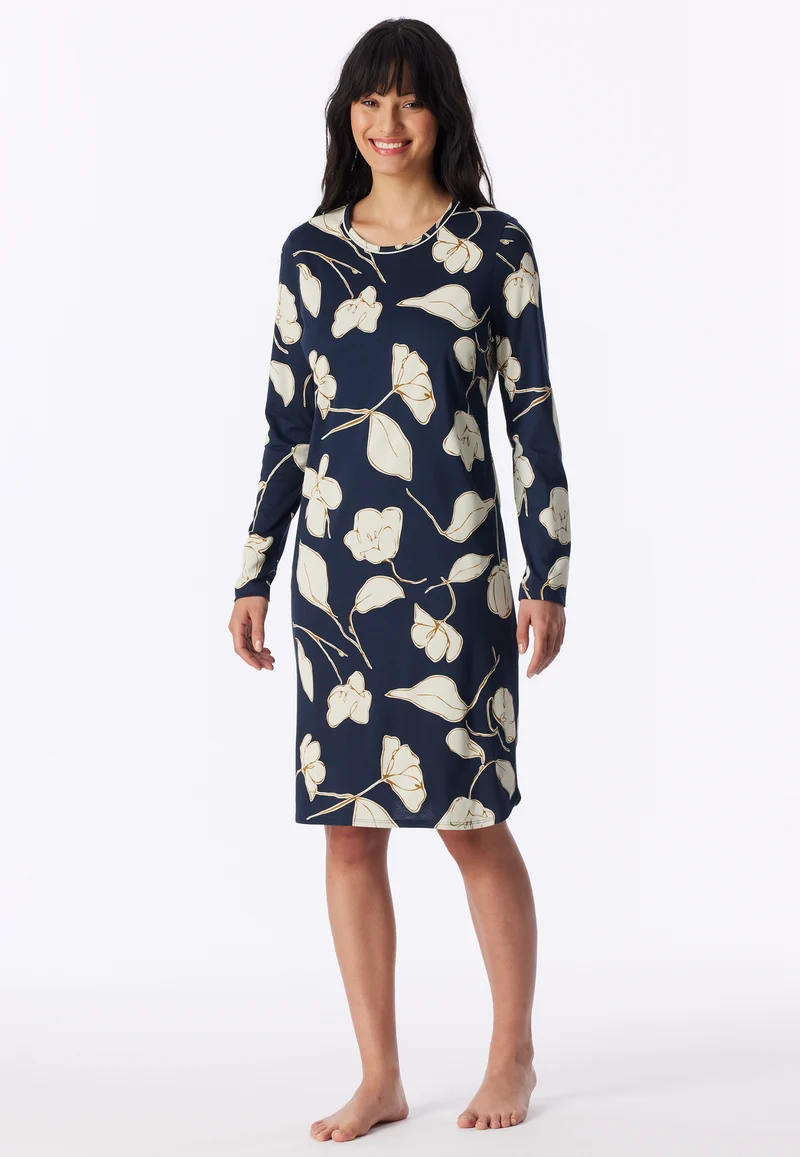 Nachthemd langarm Dunkelblau/Weiss gemustert - Comfort Nightwear