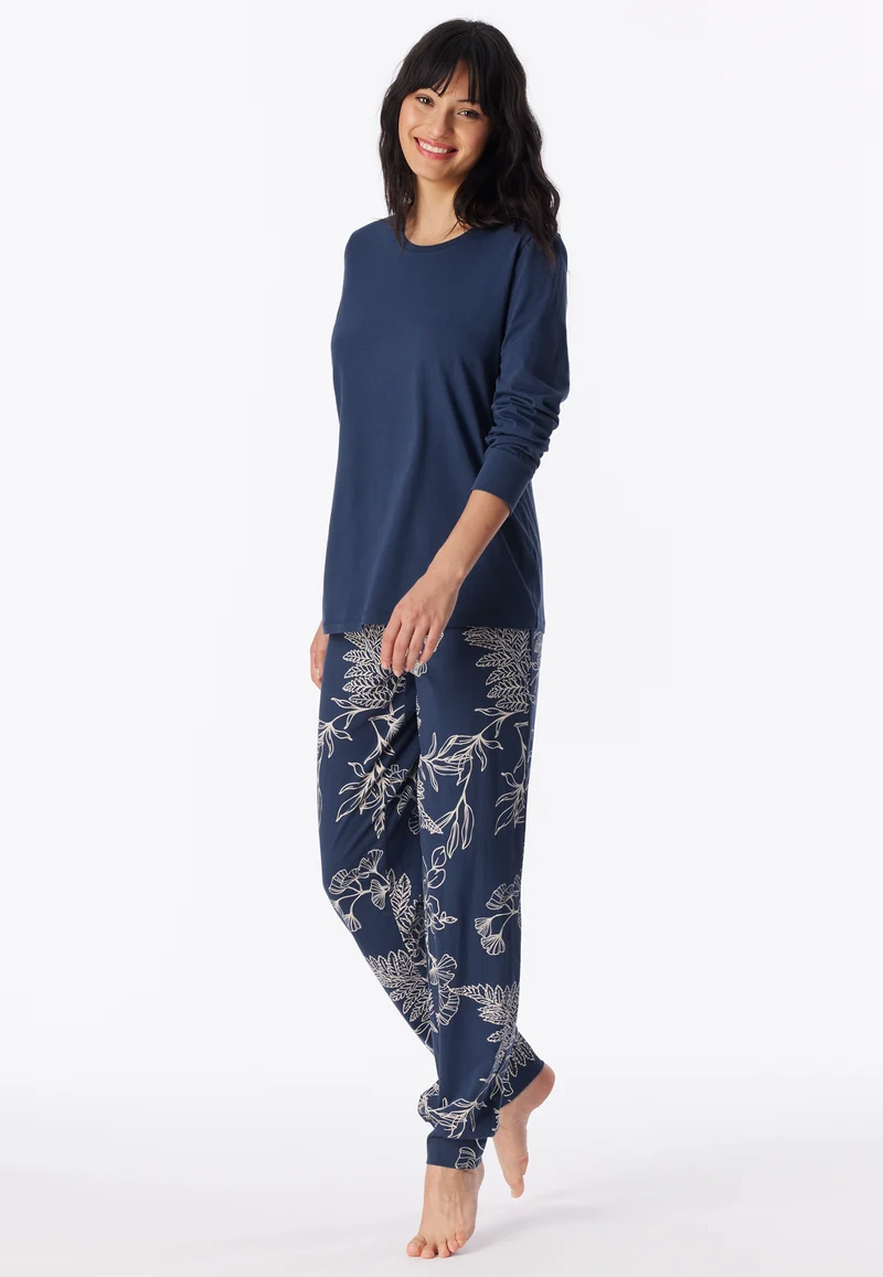 Schlafanzug mit Bündchen Dunkelblau/Beige gemustert - Comfort Essential