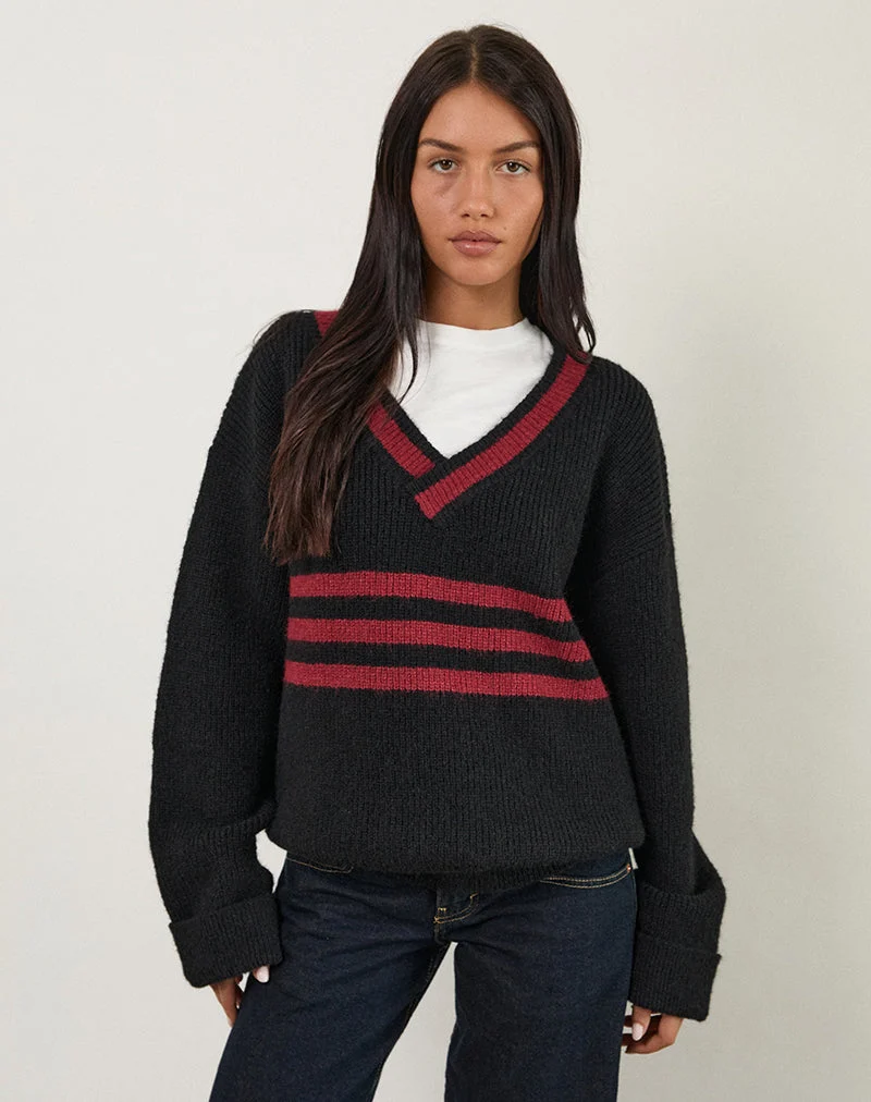 Pull Knitza noir à rayures rouges