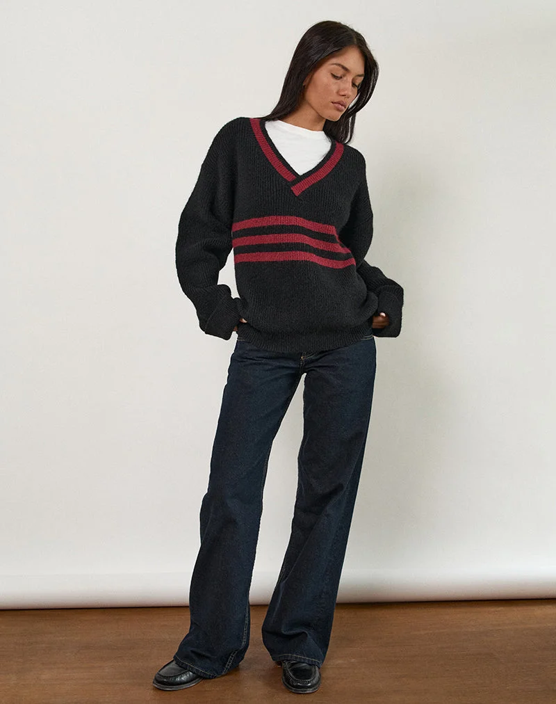 Pull Knitza noir à rayures rouges
