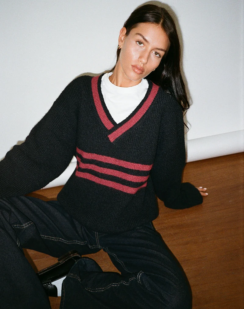 Pull Knitza noir à rayures rouges