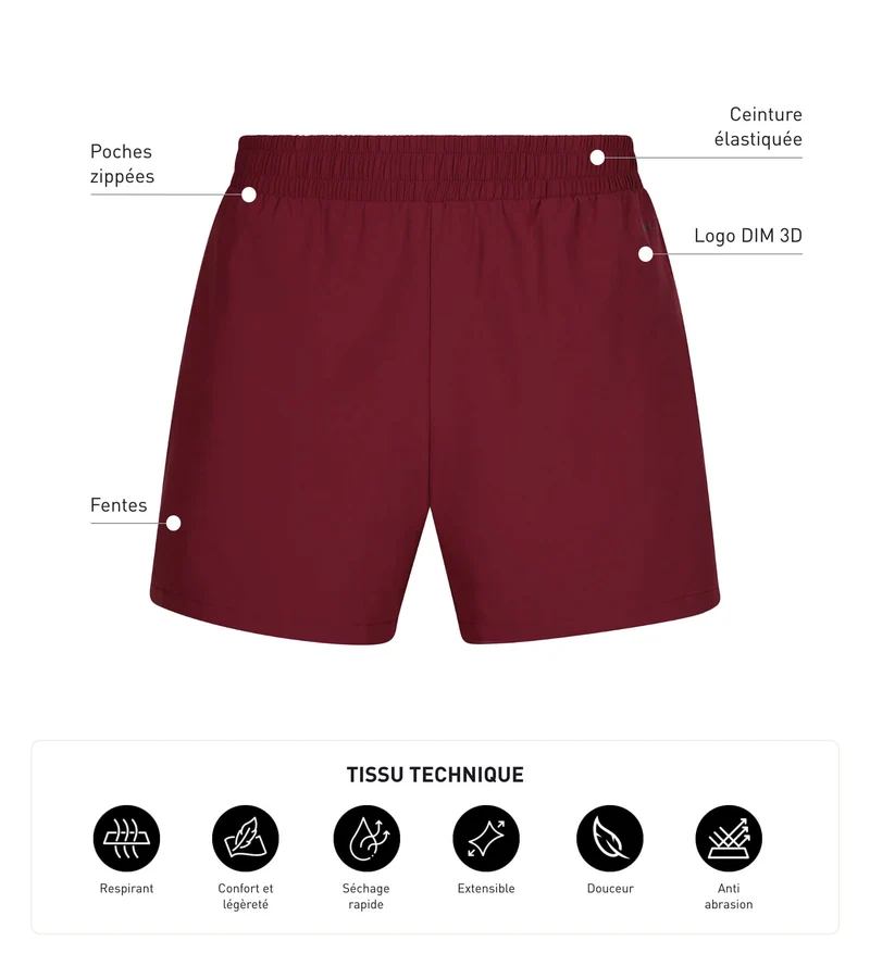 Short de sport homme en matière aérée Bordeaux Dim Move