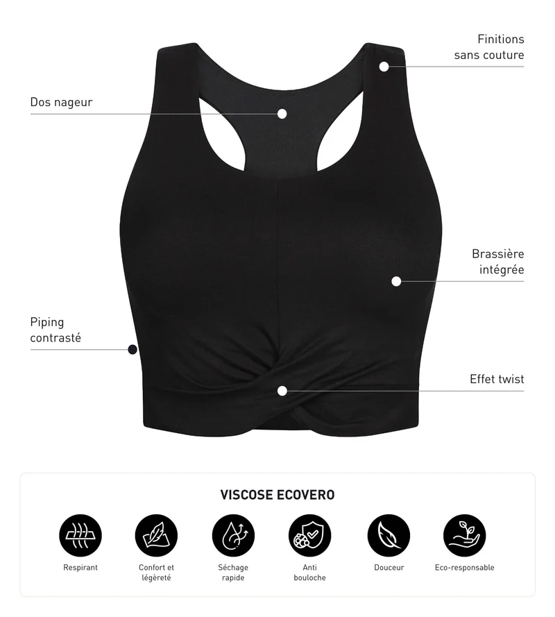 Débardeur de sport femme en viscose noire avec brassière Dim Move