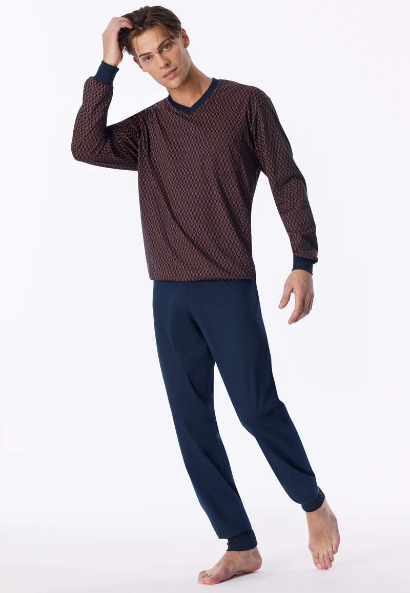 Schlafanzug mit Bündchen Blau/Orange gemustert - Comfort Nightwear