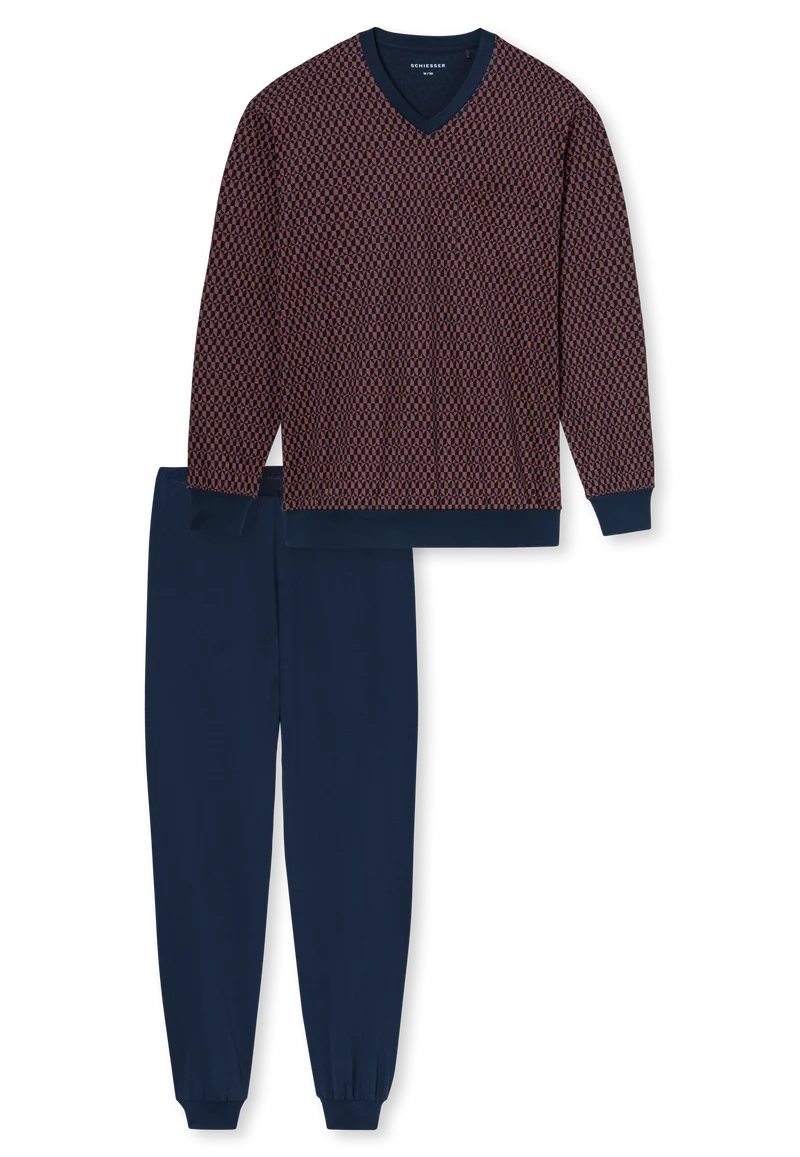 Schlafanzug mit Bündchen Blau/Orange gemustert - Comfort Nightwear