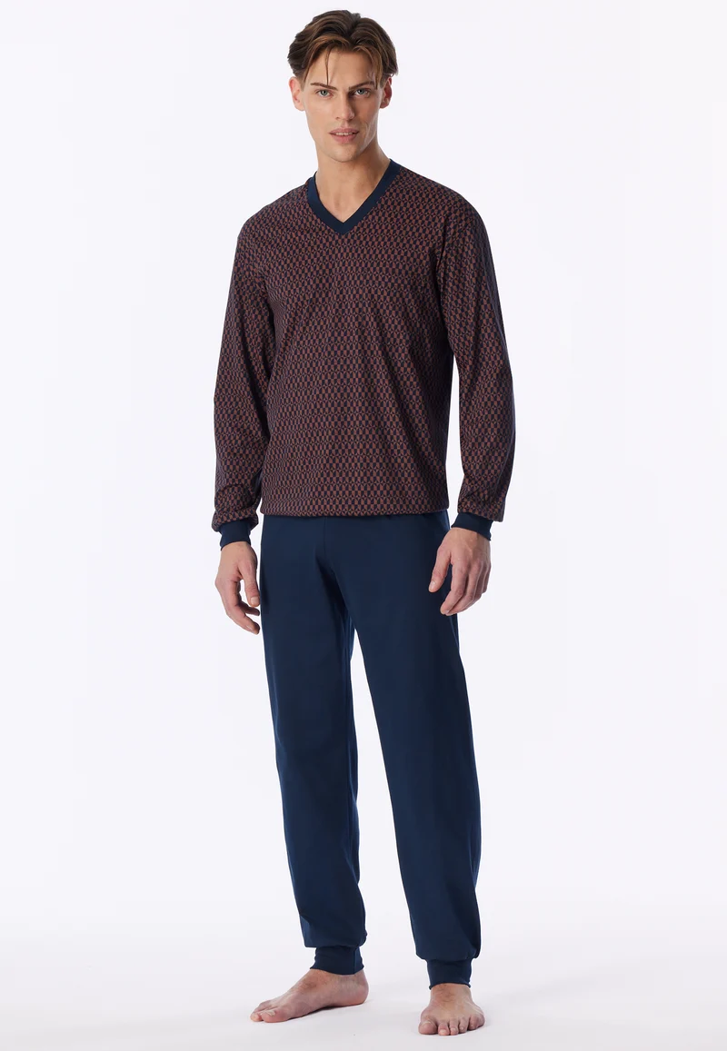 Schlafanzug mit Bündchen Blau/Orange gemustert - Comfort Nightwear