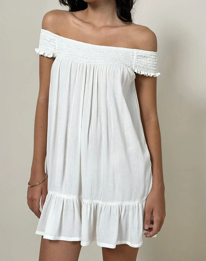 Panasi Bardot Babydoll Mini Dress in Off White
