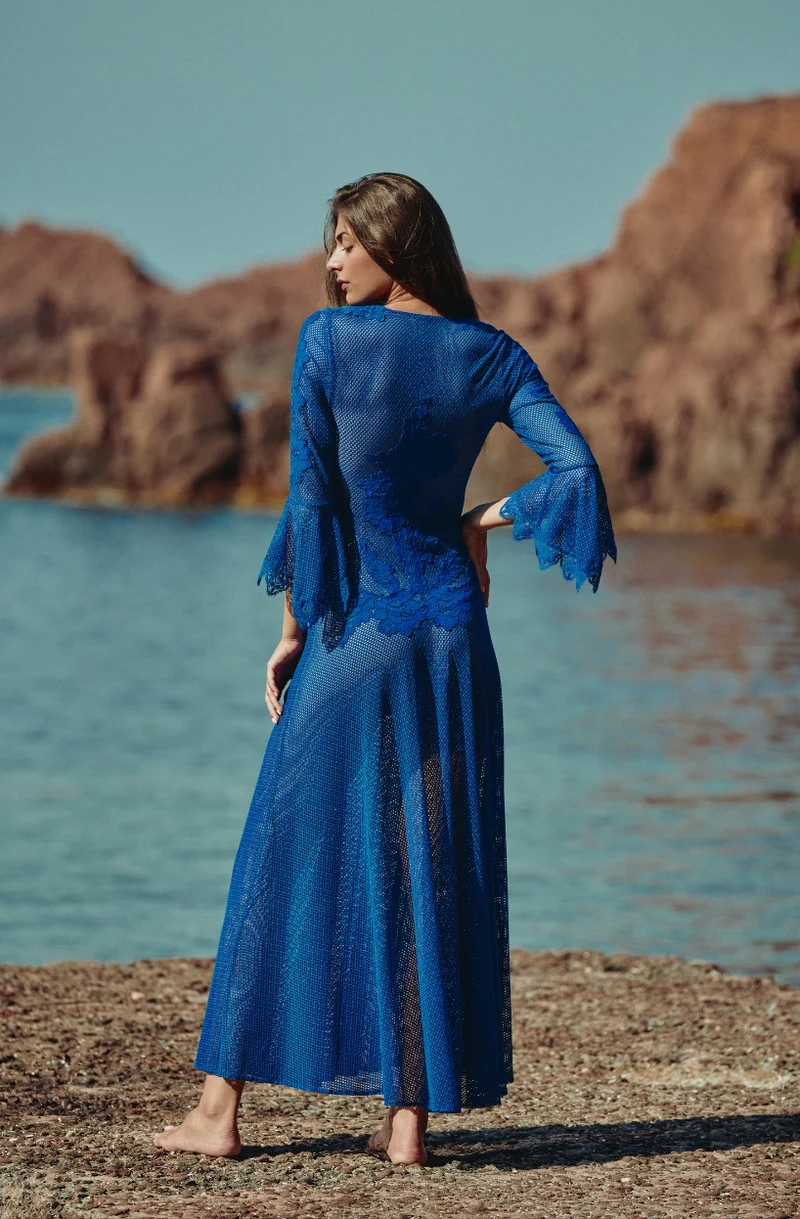 Robe longue sexy Céleste en résille et dentelle bleue