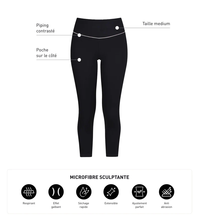 Legging de sport court pour femme en microfibre noire Dim Move