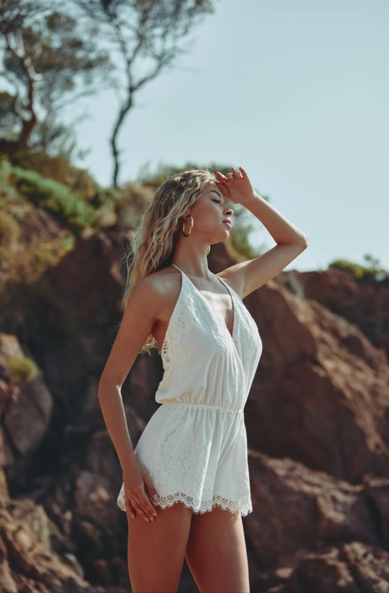 Combi-short Céleste en molleton de coton et dentelle blanche