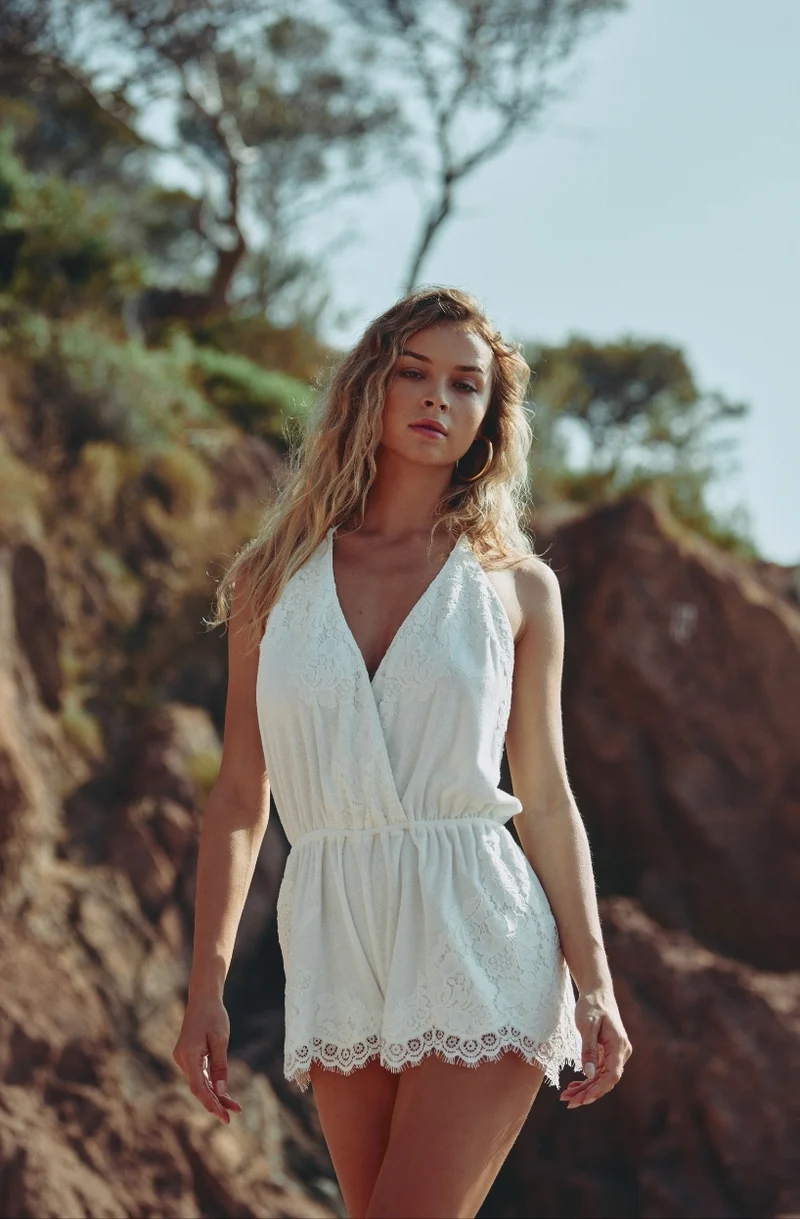 Combi-short Céleste en molleton de coton et dentelle blanche