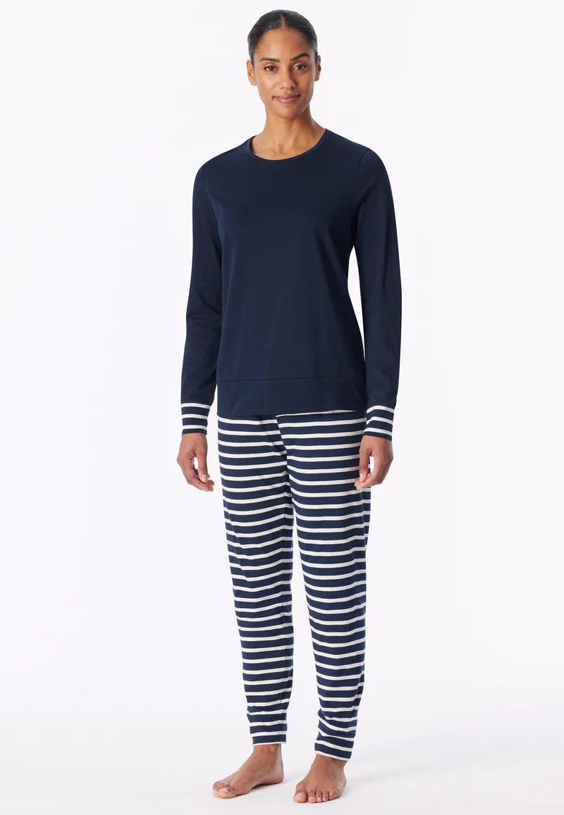 Schlafanzug mit Bündchen Dunkelblau gestreift - Casual Essentials