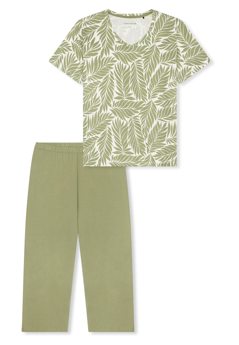 Schlafanzug 3/4-lang Oliv gemustert - Comfort Essentials