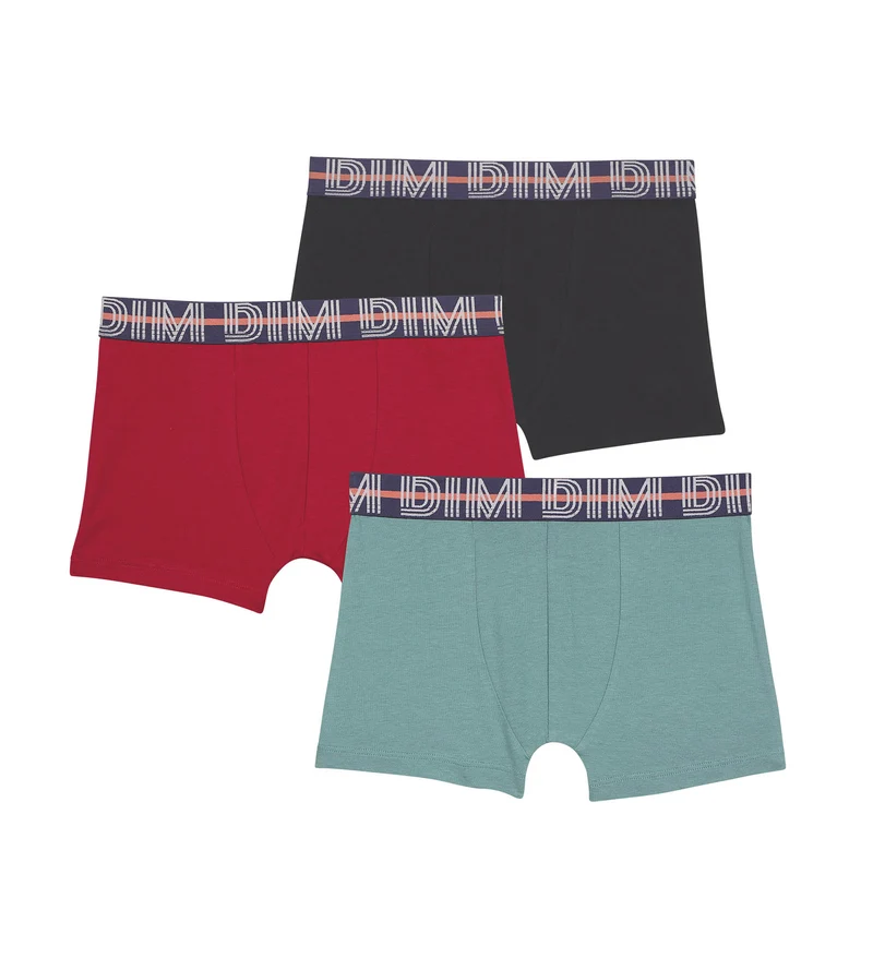 Lot de 3 boxers garçon en coton stretch Rouge Bleu Vert EcoDim Classic