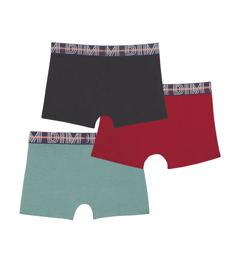 Lot de 3 boxers garçon en coton stretch Rouge Bleu Vert EcoDim Classic