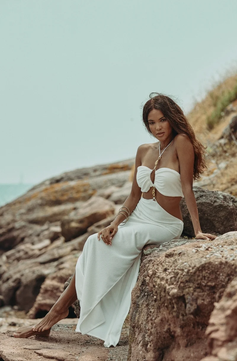Robe longue sexy Céleste en molleton de coton blanc