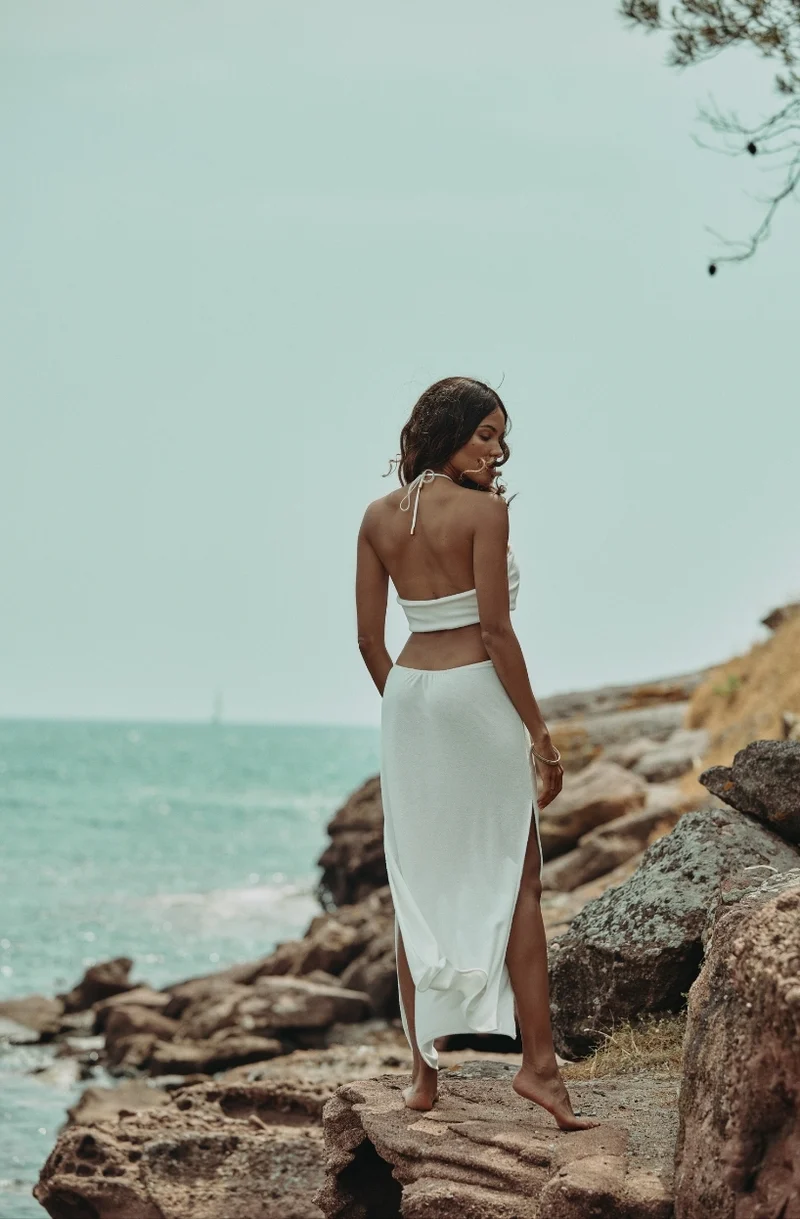 Robe longue sexy Céleste en molleton de coton blanc
