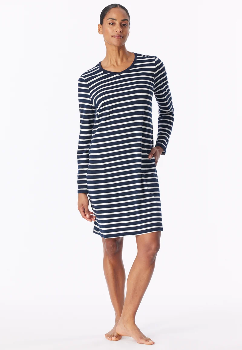 Nachthemd langarm Dunkelblau gestreift - Casual Essentials