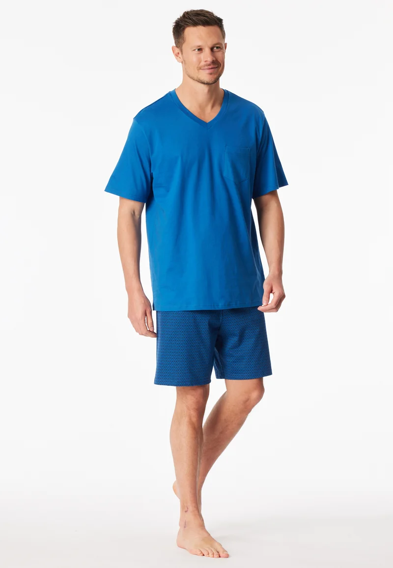 Schlafanzug kurz Blau gemustert - Comfort Essentials