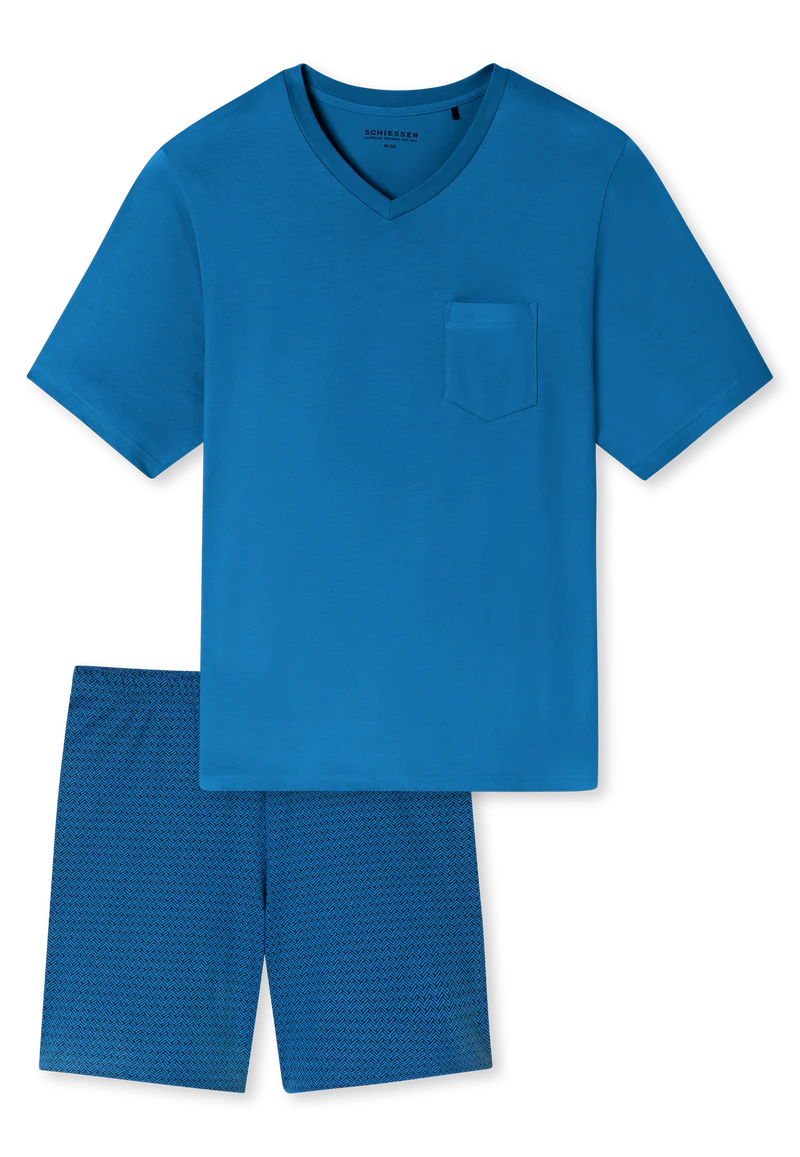 Schlafanzug kurz Blau gemustert - Comfort Essentials