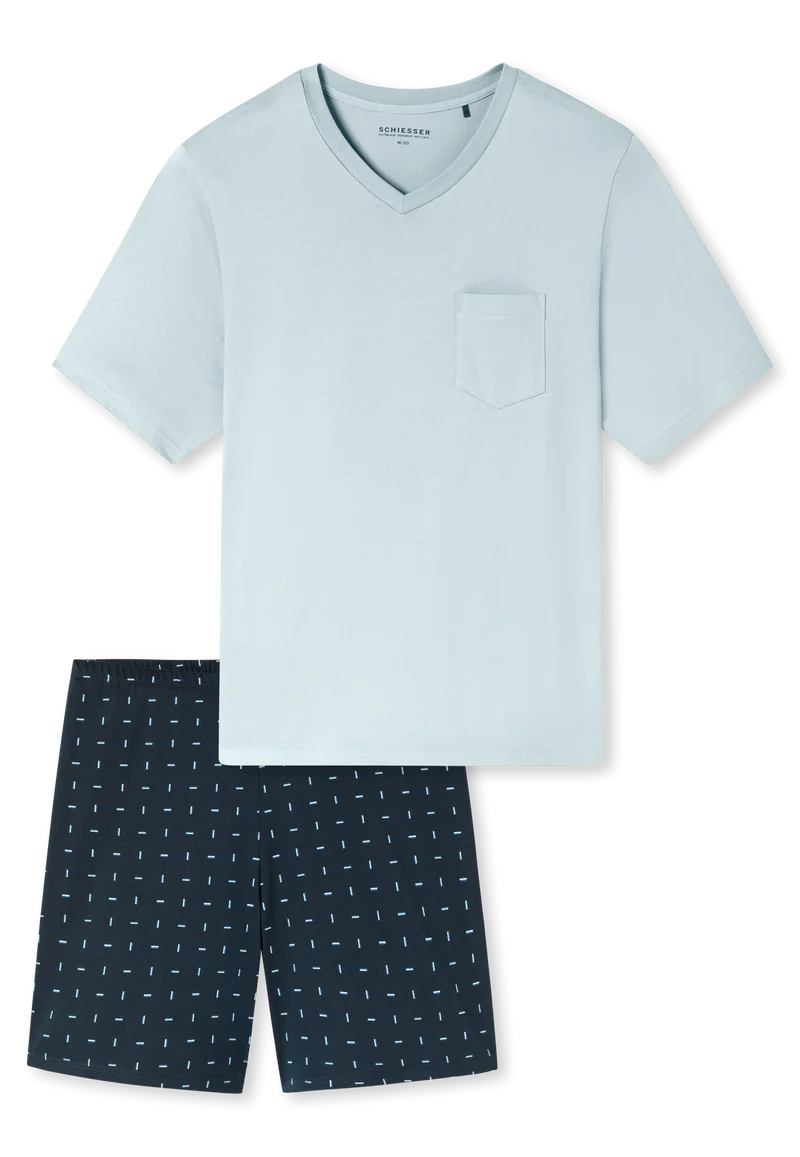 Schlafanzug kurz Blau gemustert - Comfort Essentials