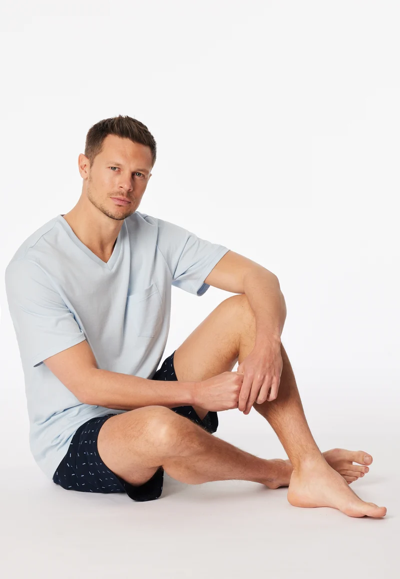 Schlafanzug kurz Blau gemustert - Comfort Essentials