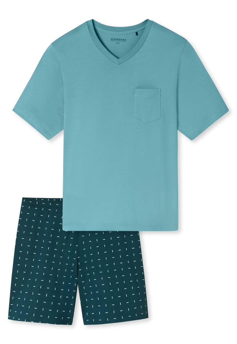 Schlafanzug kurz Blau gemustert - Comfort Essentials