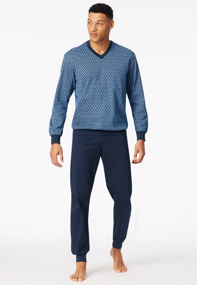 Schlafanzug mit Bündchen Blau gemustert - Comfort Nightwear