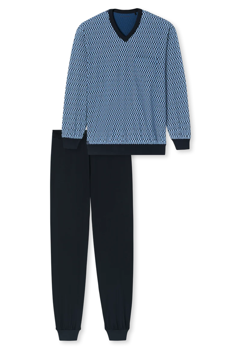 Schlafanzug mit Bündchen Blau gemustert - Comfort Nightwear