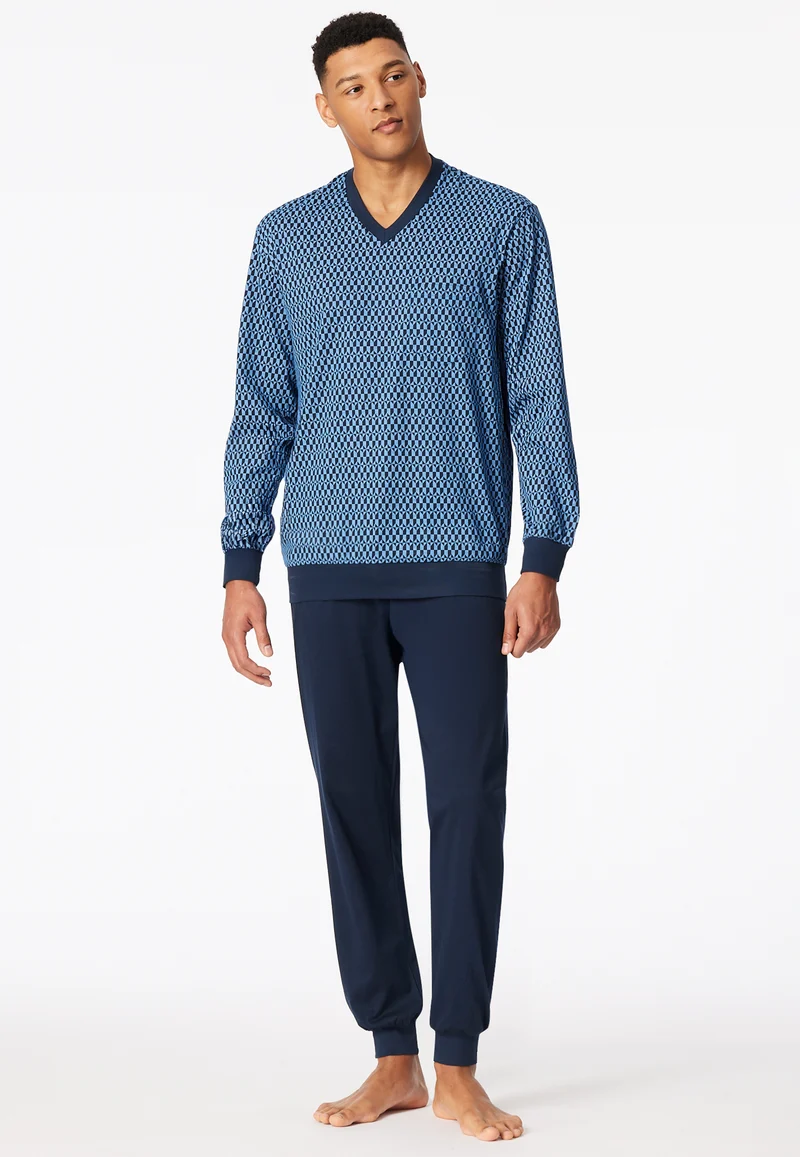 Schlafanzug mit Bündchen Blau gemustert - Comfort Nightwear